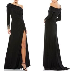 NEW Mac Duggal Black OFF THE SHOULDER Jersey JEWEL CUFFS Ruched HIGH SLIT GOWN 2